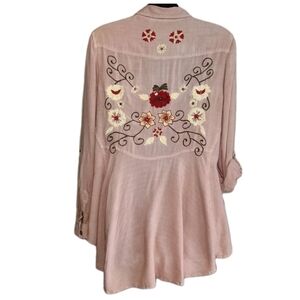 Small Floral Embroidery Flowy Tunic Button Roll Tab Sleeves Boho Hippie Western